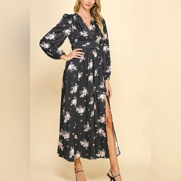 Pinch Women’s Black Satin Smoked Maxi Slit Floral Long Sleeve V Neck Dress Med - Picture 1 of 15